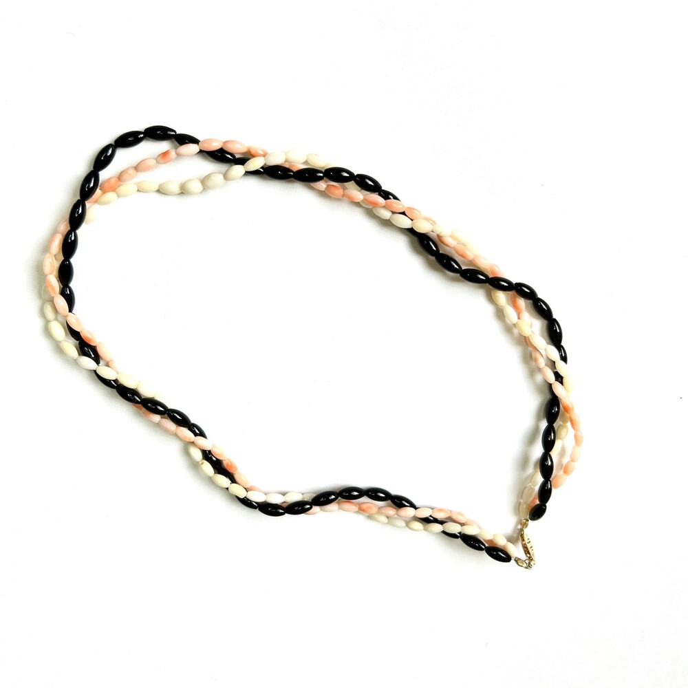 Vintage Pearl Coral Onyx Rice Bead Triple Strand Necklace 80s Hawaii